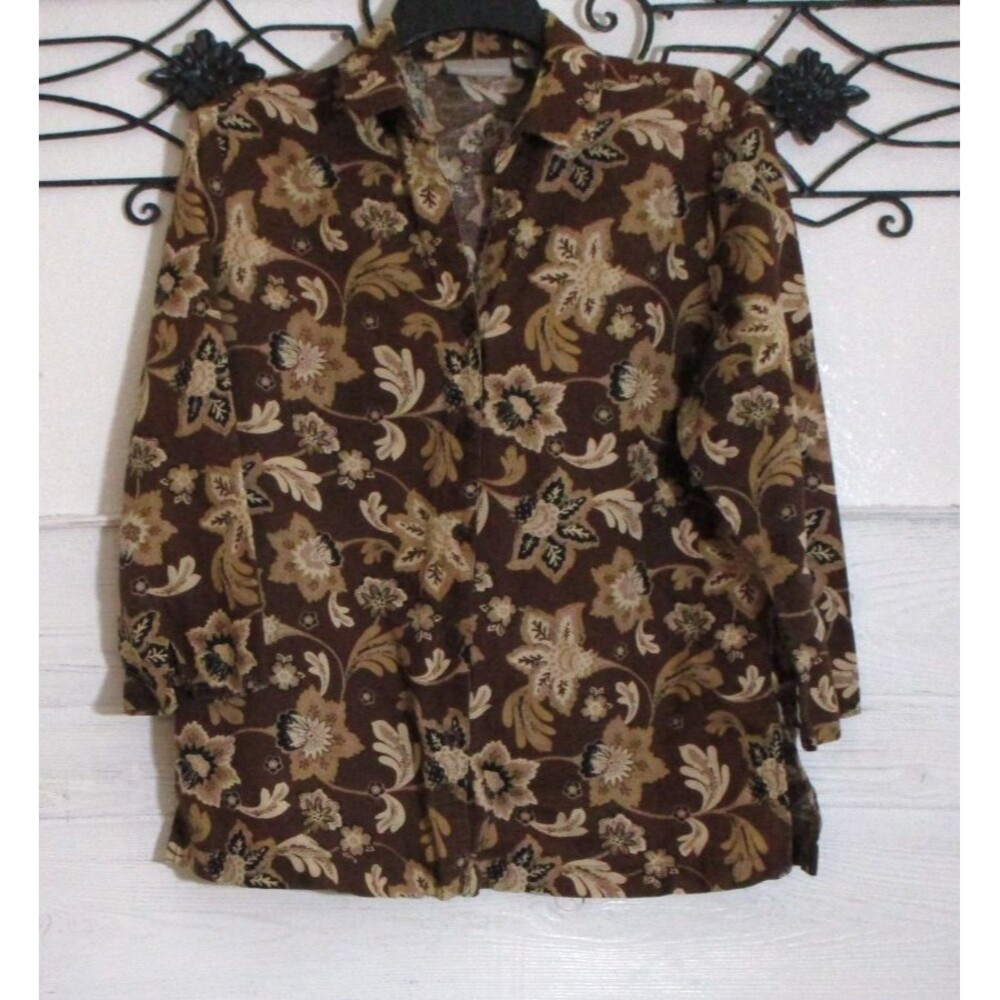 Croft & Barrow Button Up Women's Linen Top Size M Brown Floral Long Sleeve